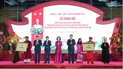 Xã Dương Hoà tổ chức Lễ đón nhận Bằng công nhận Bảo vật Quốc gia Bàn thờ Phật bằng đá tại chùa Hương Trai và chùa Đại Bi